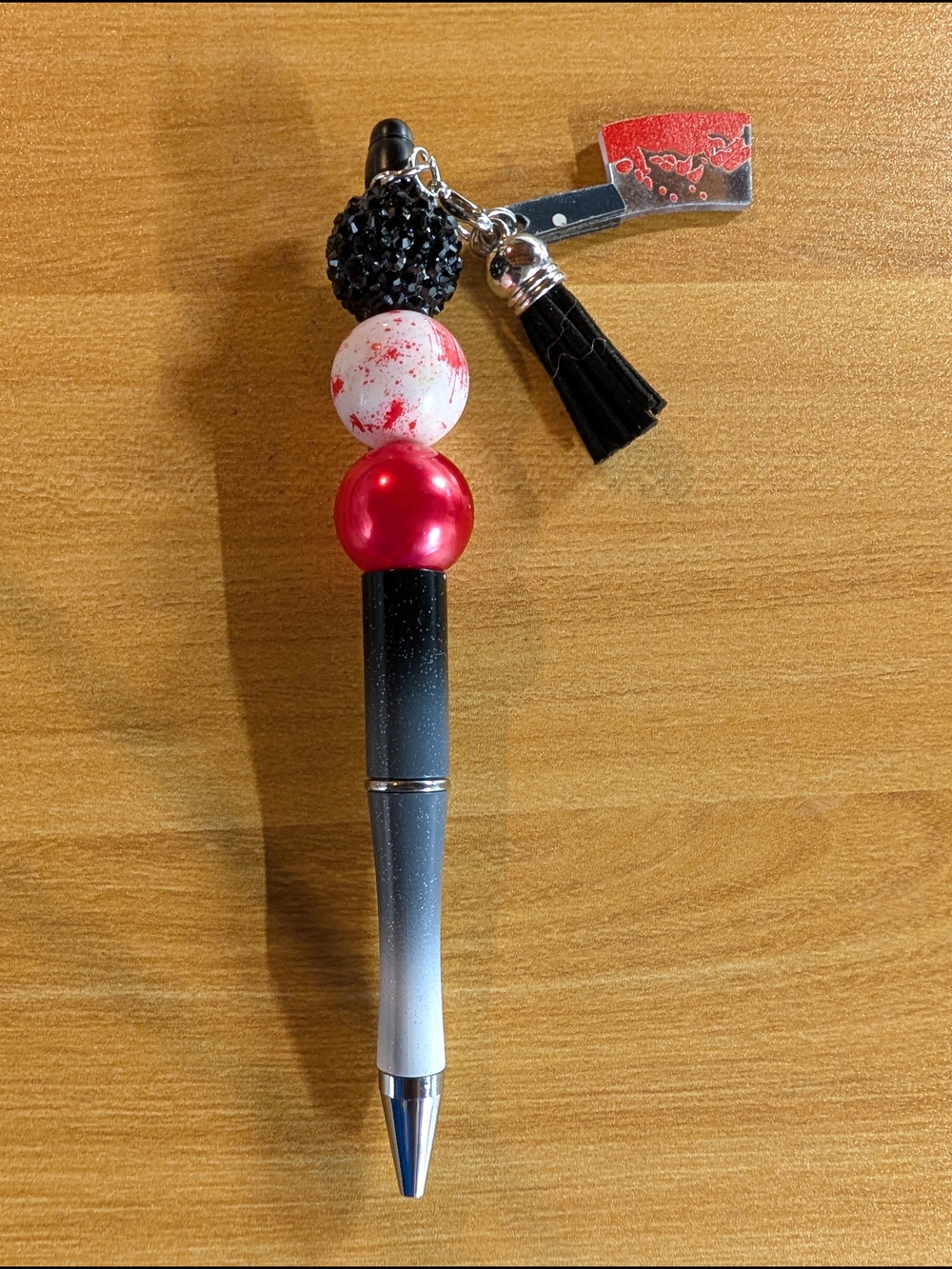 Hand Crafted Red, Black, White Decorative Bead Pen with Tassel Charm